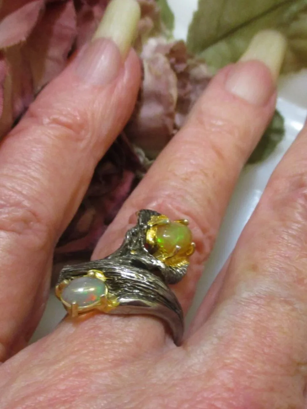 Artisan GEMSTONE STERLING Ring: Precious Opal, Sterling Silver, Gold Vermeil